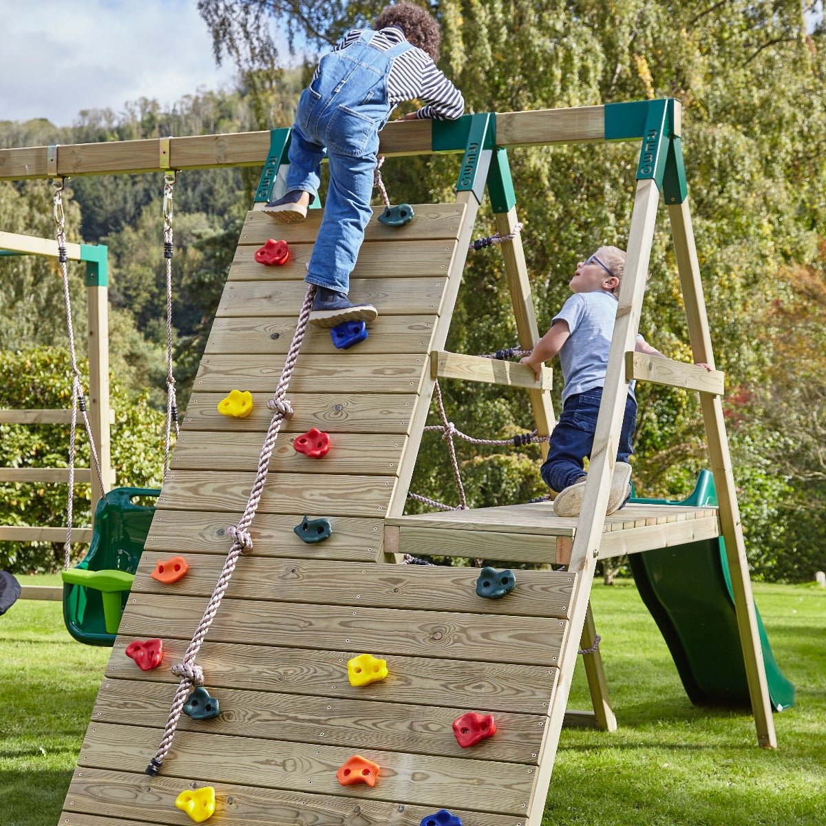 Rebo Wooden Climbing Frame with Swings, 6+8FT Slides & Climbing Wall - Crestone