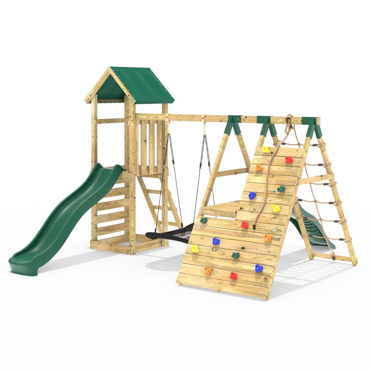 Rebo Wooden Climbing Frame with Swings, 6+8FT Slides & Climbing Wall - Crestone