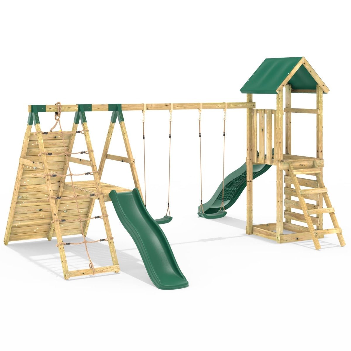 Rebo Wooden Climbing Frame with Swings, 6+8FT Slides & Climbing Wall - Hayes