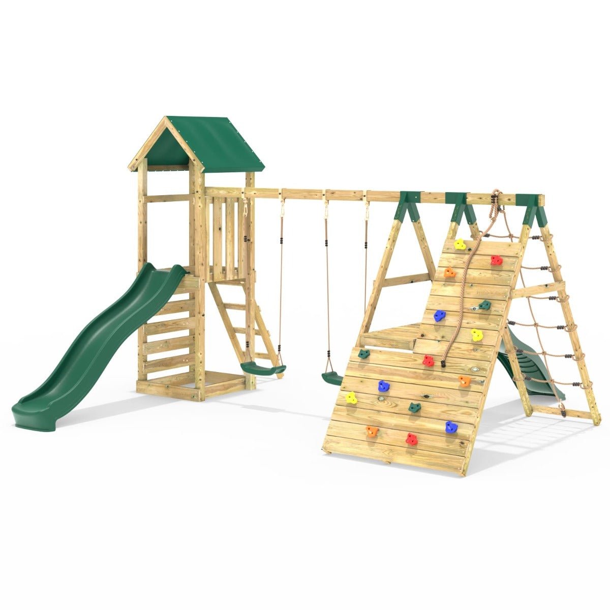 Rebo Wooden Climbing Frame with Swings, 6+8FT Slides & Climbing Wall - Hayes