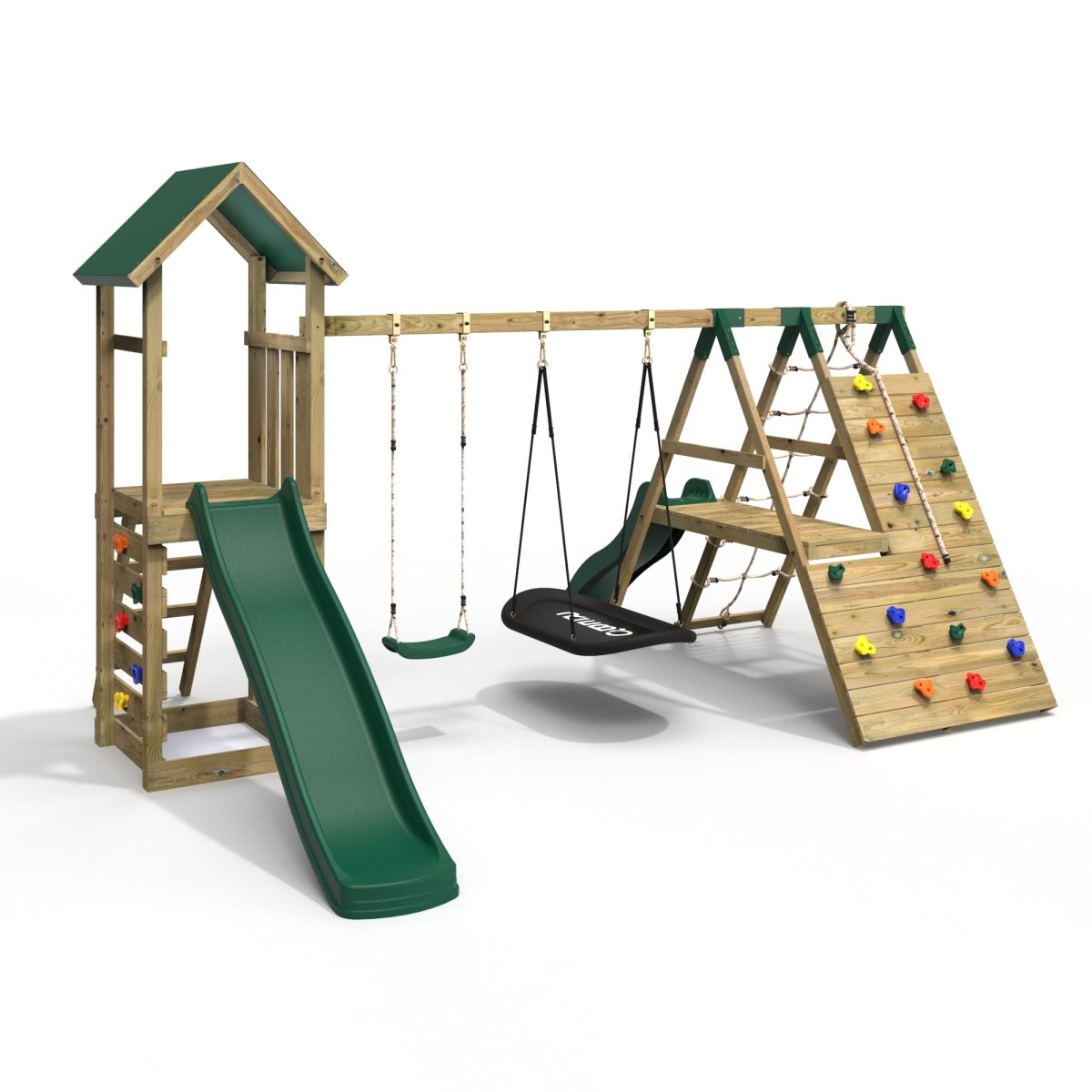 Rebo Wooden Climbing Frame with Swings, 6+8FT Slides & Climbing Wall - San Luis