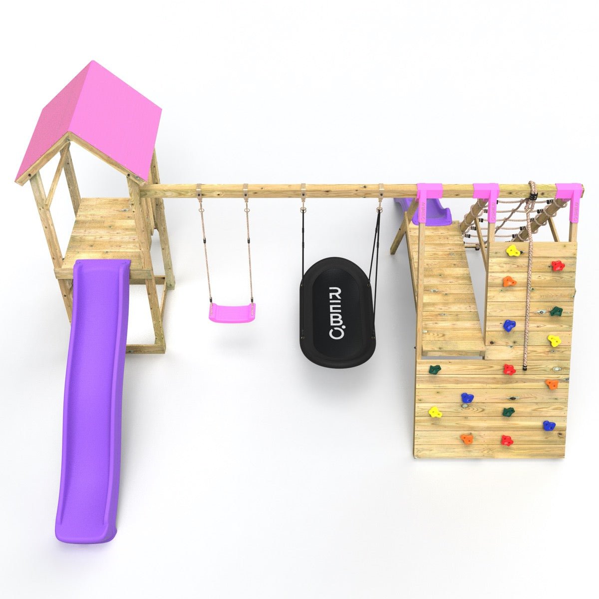 Rebo Wooden Climbing Frame with Swings, 6+8FT Slides & Climbing Wall - San Luis Pnk