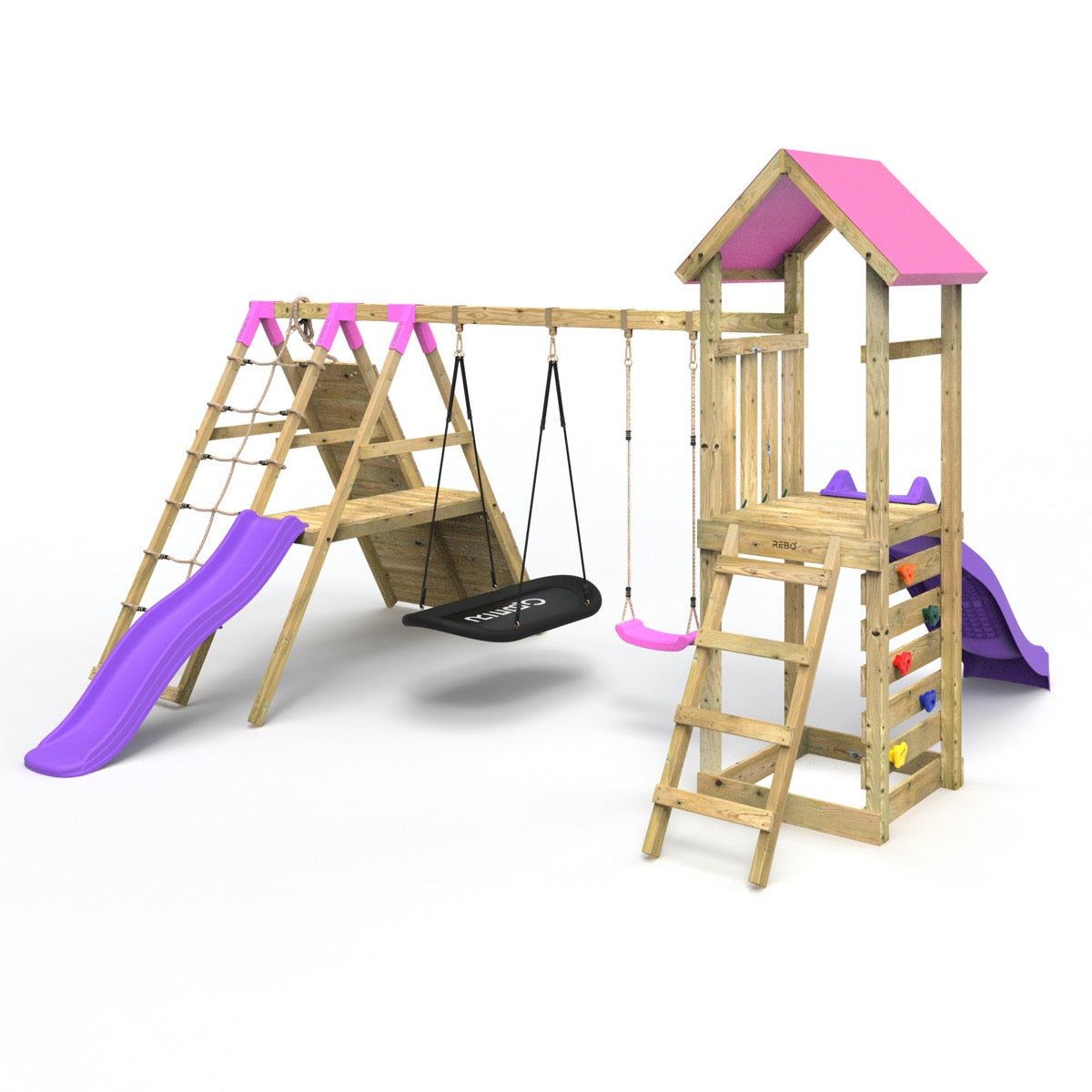 Rebo Wooden Climbing Frame with Swings, 6+8FT Slides & Climbing Wall - San Luis Pnk