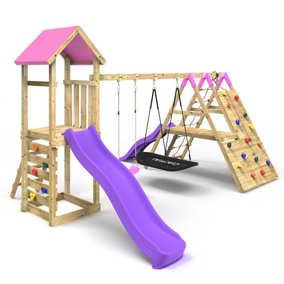 Rebo Wooden Climbing Frame with Swings, 6+8FT Slides & Climbing Wall - San Luis Pnk