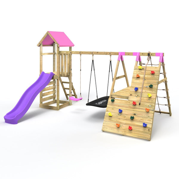 Rebo Wooden Climbing Frame with Swings, 6+8FT Slides & Climbing Wall - San Luis Pnk