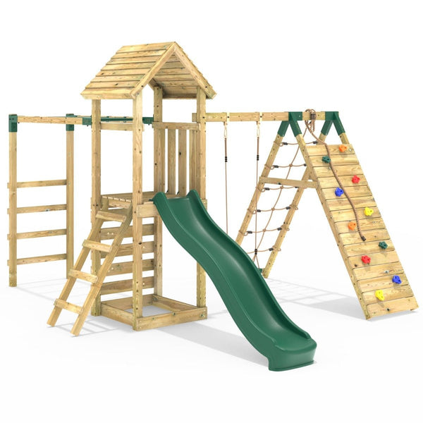 Rebo Wooden Climbing Frame with Swings, Slide, Up & over Climbing wall and Monkey Bars - Carpathian
