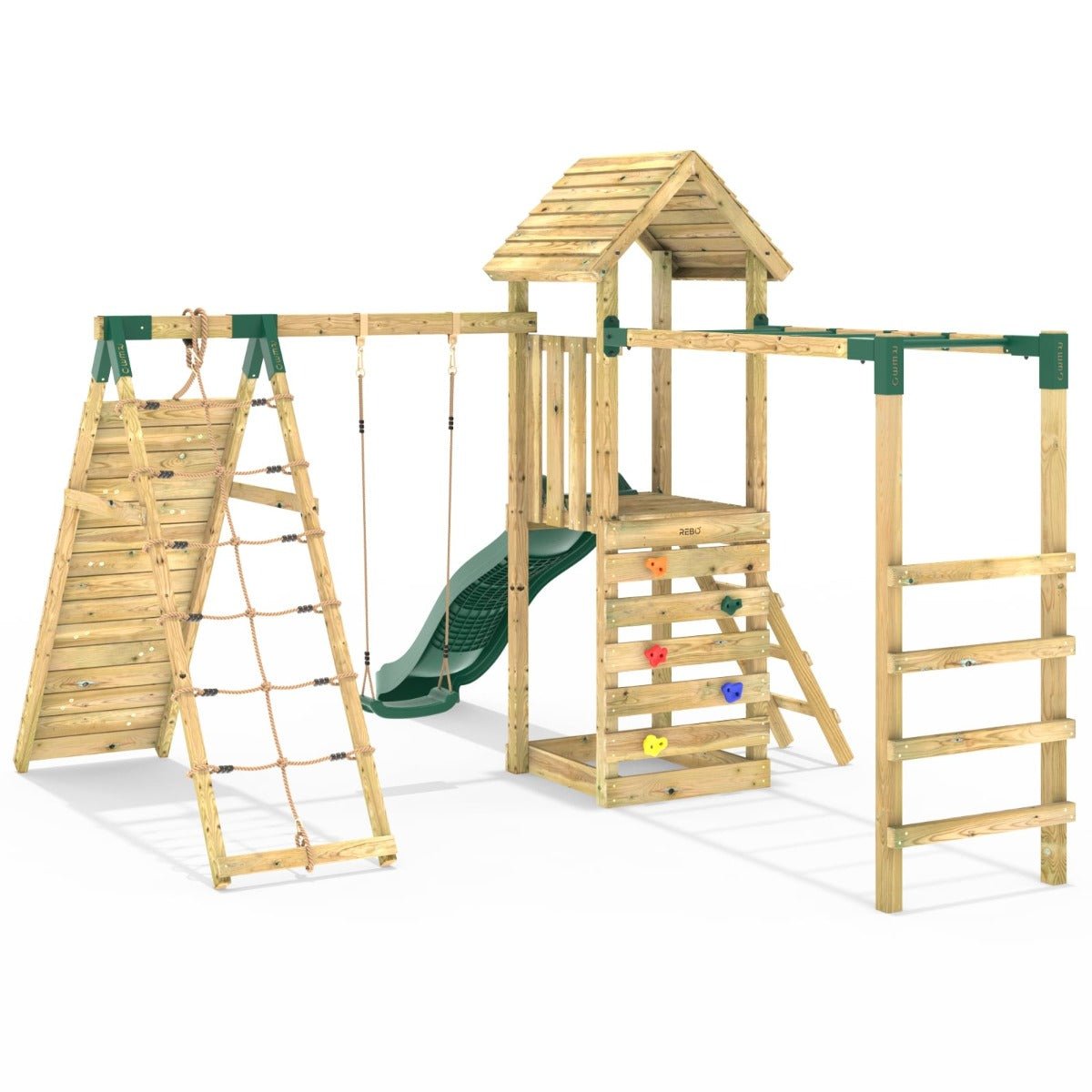 Rebo Wooden Climbing Frame with Swings, Slide, Up & over Climbing wall and Monkey Bars - Carpathian