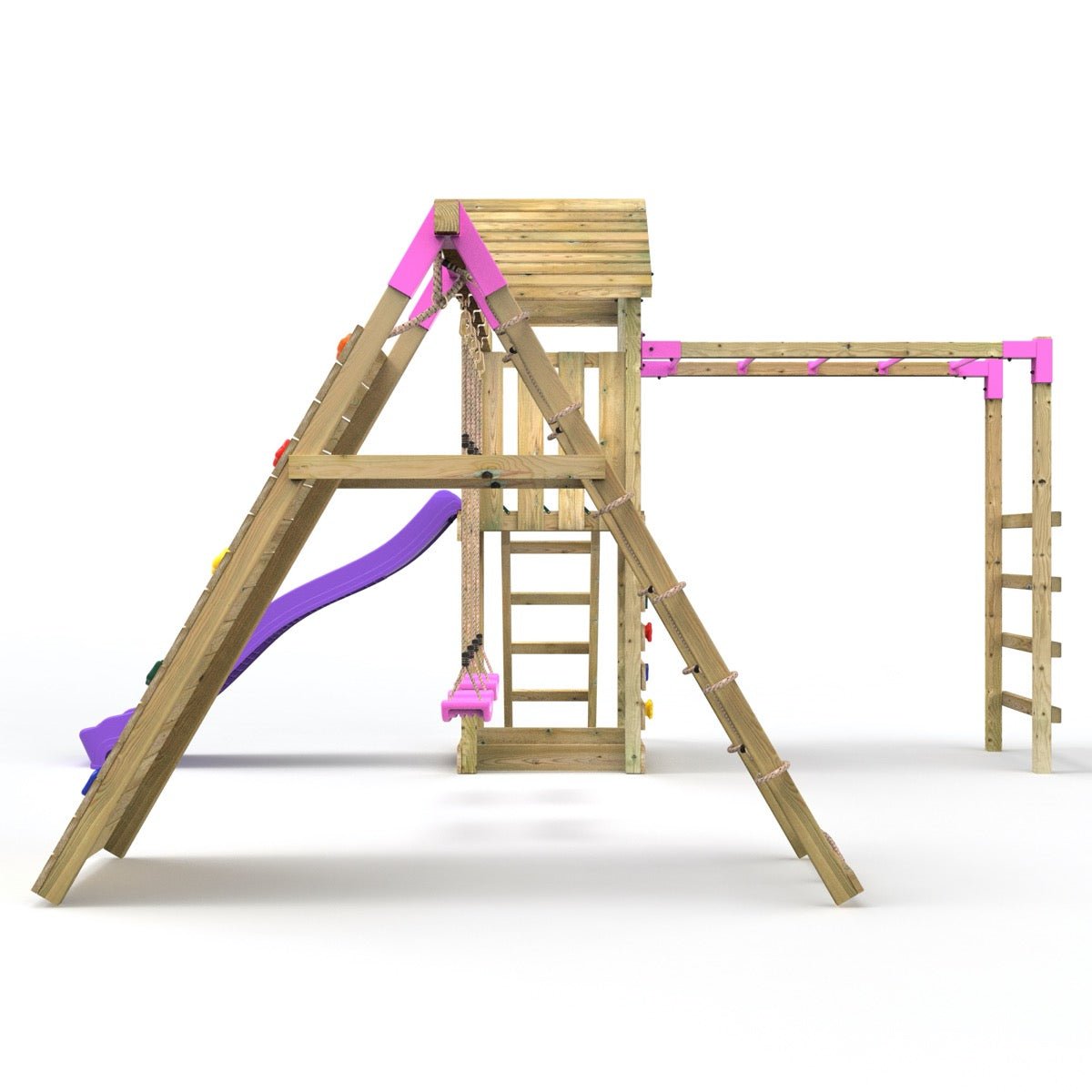 Rebo Wooden Climbing Frame with Swings, Slide, Up & over Climbing wall and Monkey Bars - Dolomite Pink