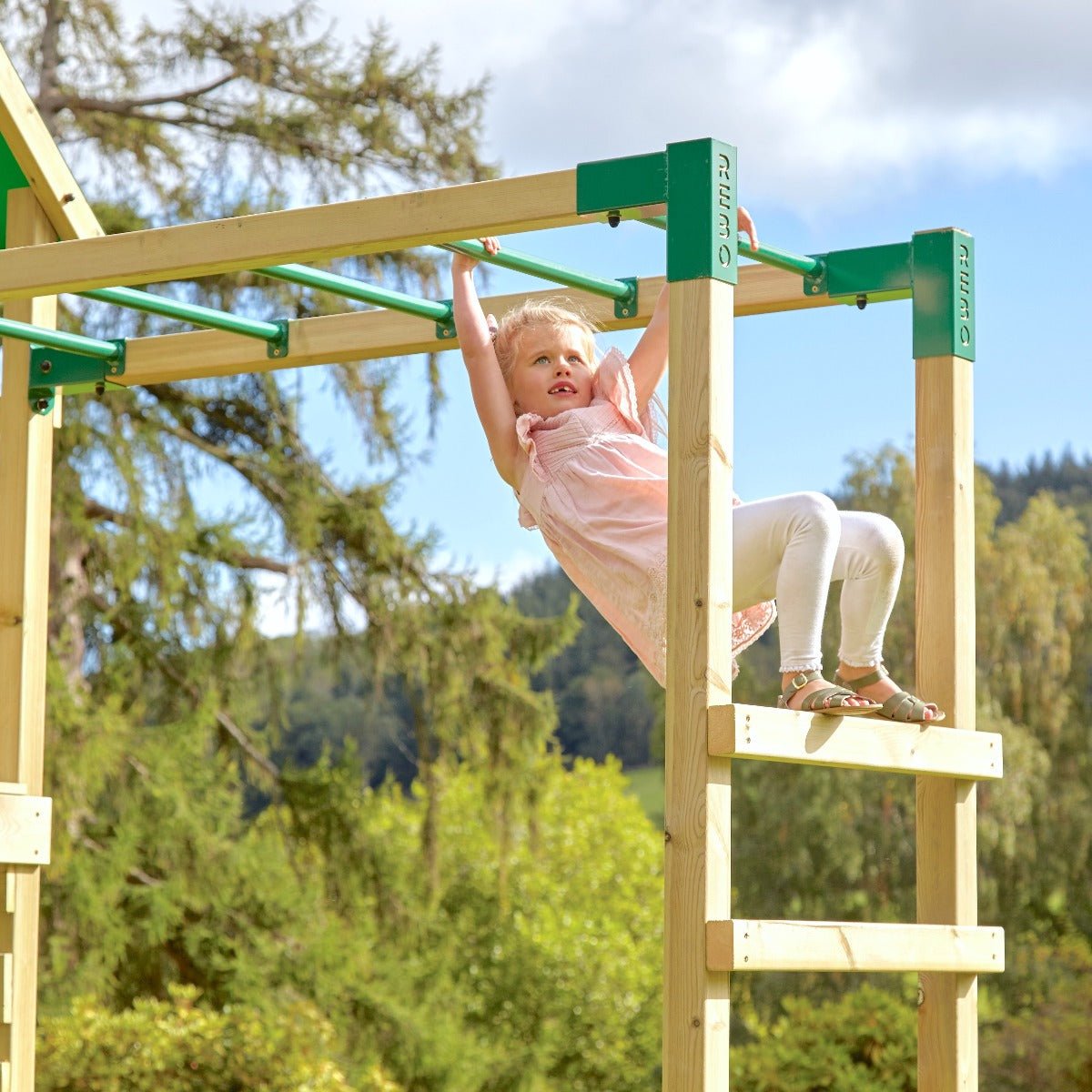Rebo Wooden Climbing Frame with Swings, Slide, Up & over Climbing wall and Monkey Bars - Dolomite Pink