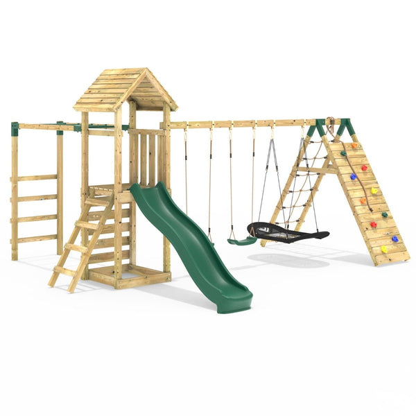 Rebo Wooden Climbing Frame with Swings, Slide, Up & over Climbing wall and Monkey Bars - Pyrennes