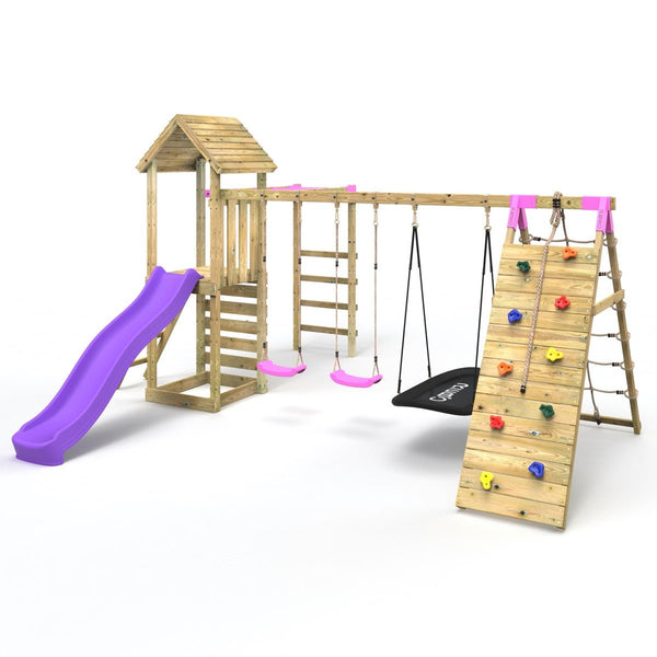 Rebo Wooden Climbing Frame with Swings, Slide, Up & over Climbing wall and Monkey Bars - Pyrennes Pink