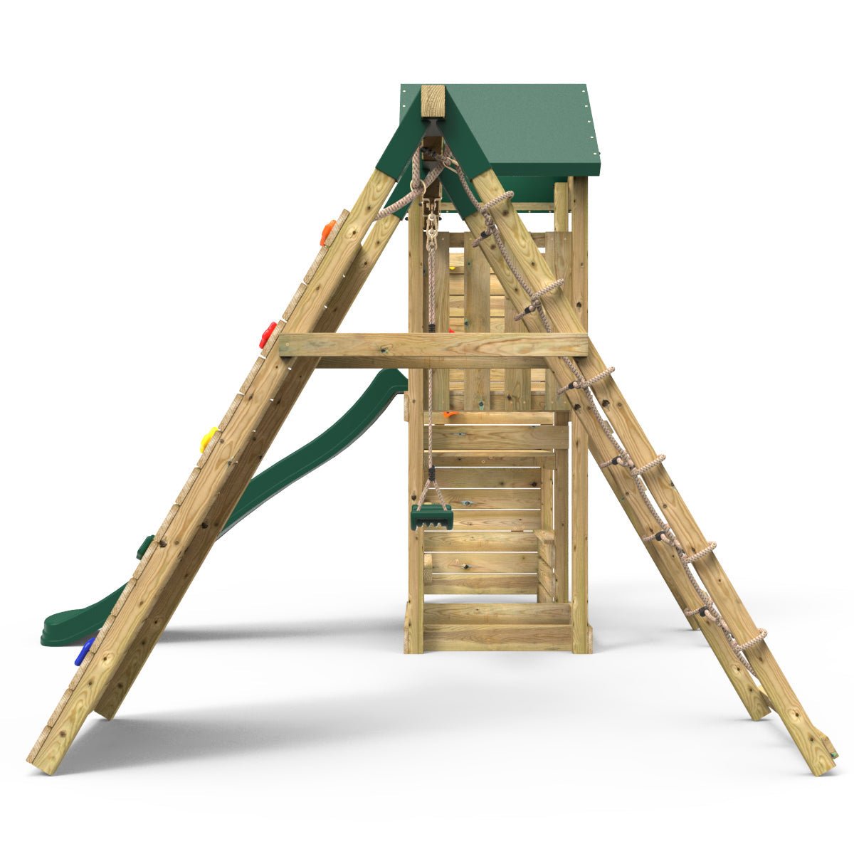 Rebo Wooden Climbing Frame with Vertical Rock Wall, Swing Set and Slide - Bear+