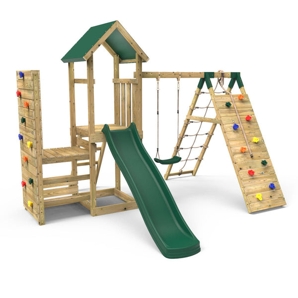 Rebo Wooden Climbing Frame with Vertical Rock Wall, Swing Set and Slide - Bear+