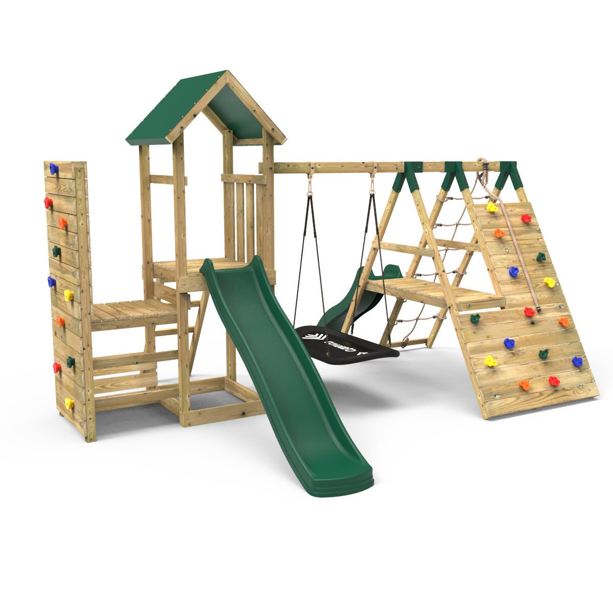 Rebo Wooden Climbing Frame with Vertical Rock Wall, Swing Set and Slide - Crestone+