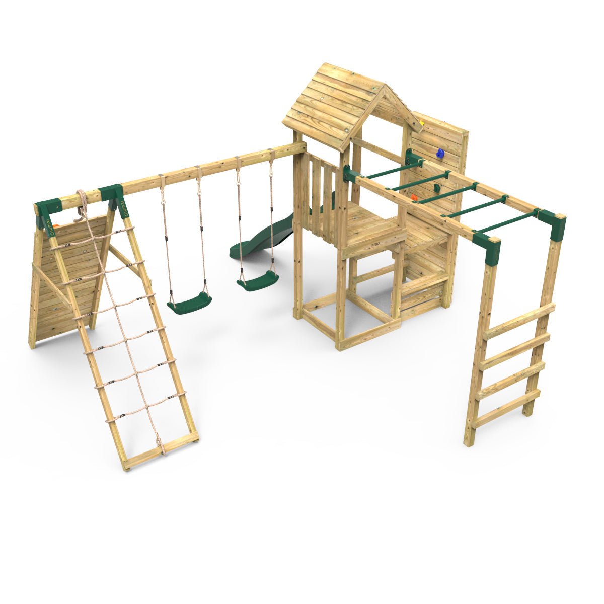 Rebo Wooden Climbing Frame with Vertical Rock Wall, Swing Set and Slide - Dolomite+