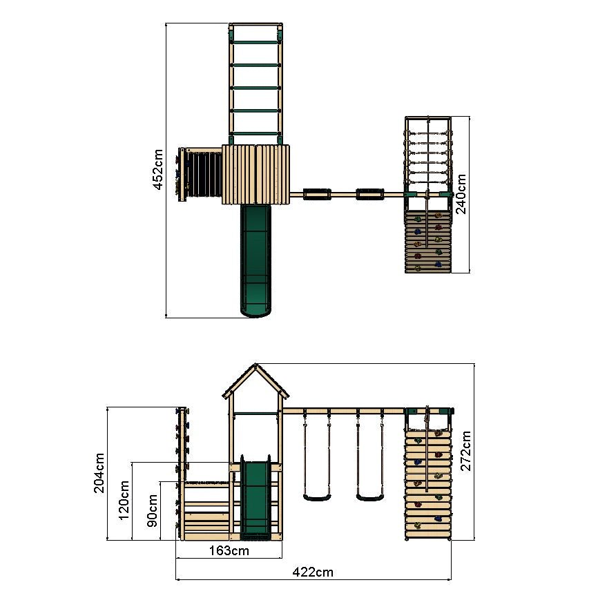 Rebo Wooden Climbing Frame with Vertical Rock Wall, Swing Set and Slide - Dolomite+