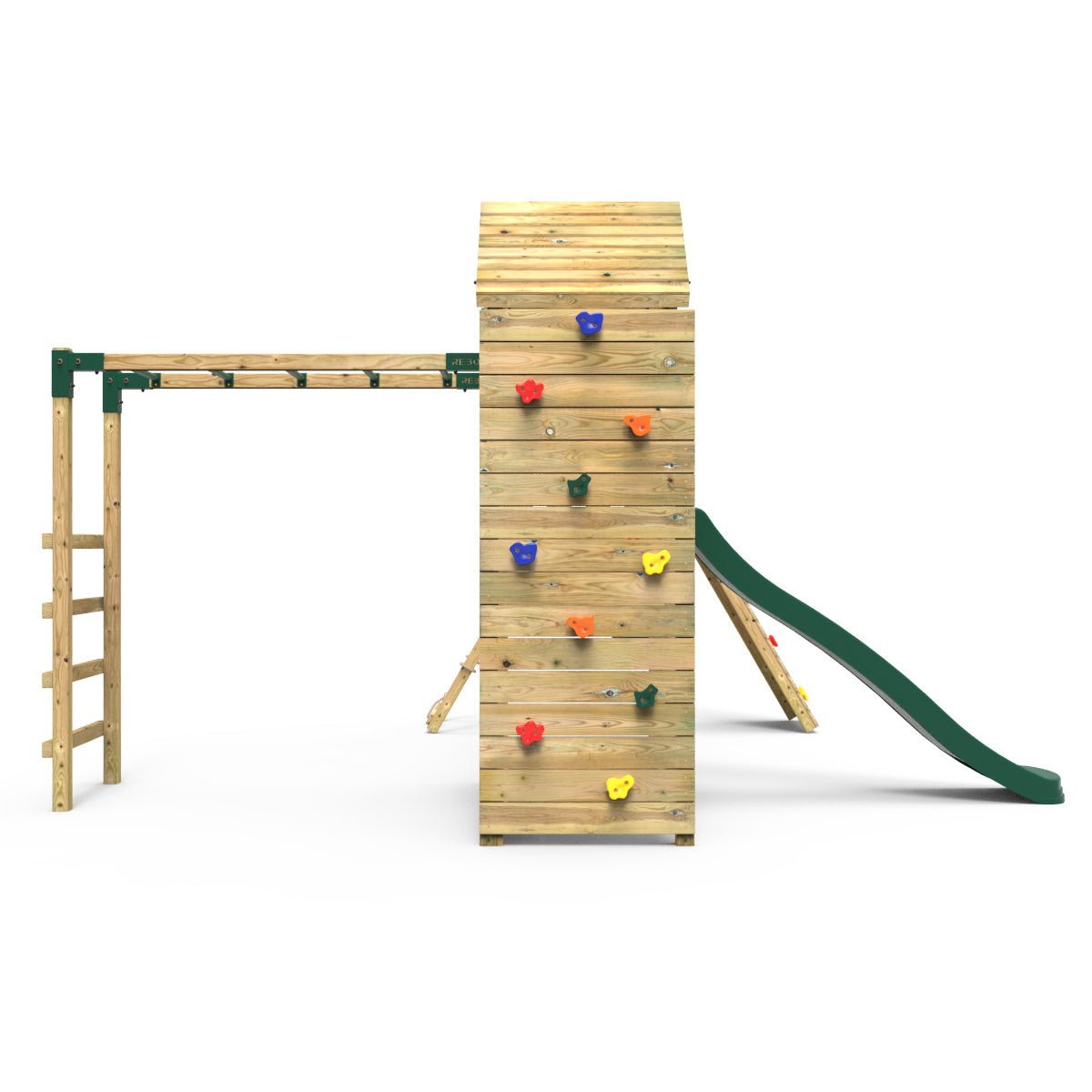 Rebo Wooden Climbing Frame with Vertical Rock Wall, Swing Set and Slide - Dolomite+