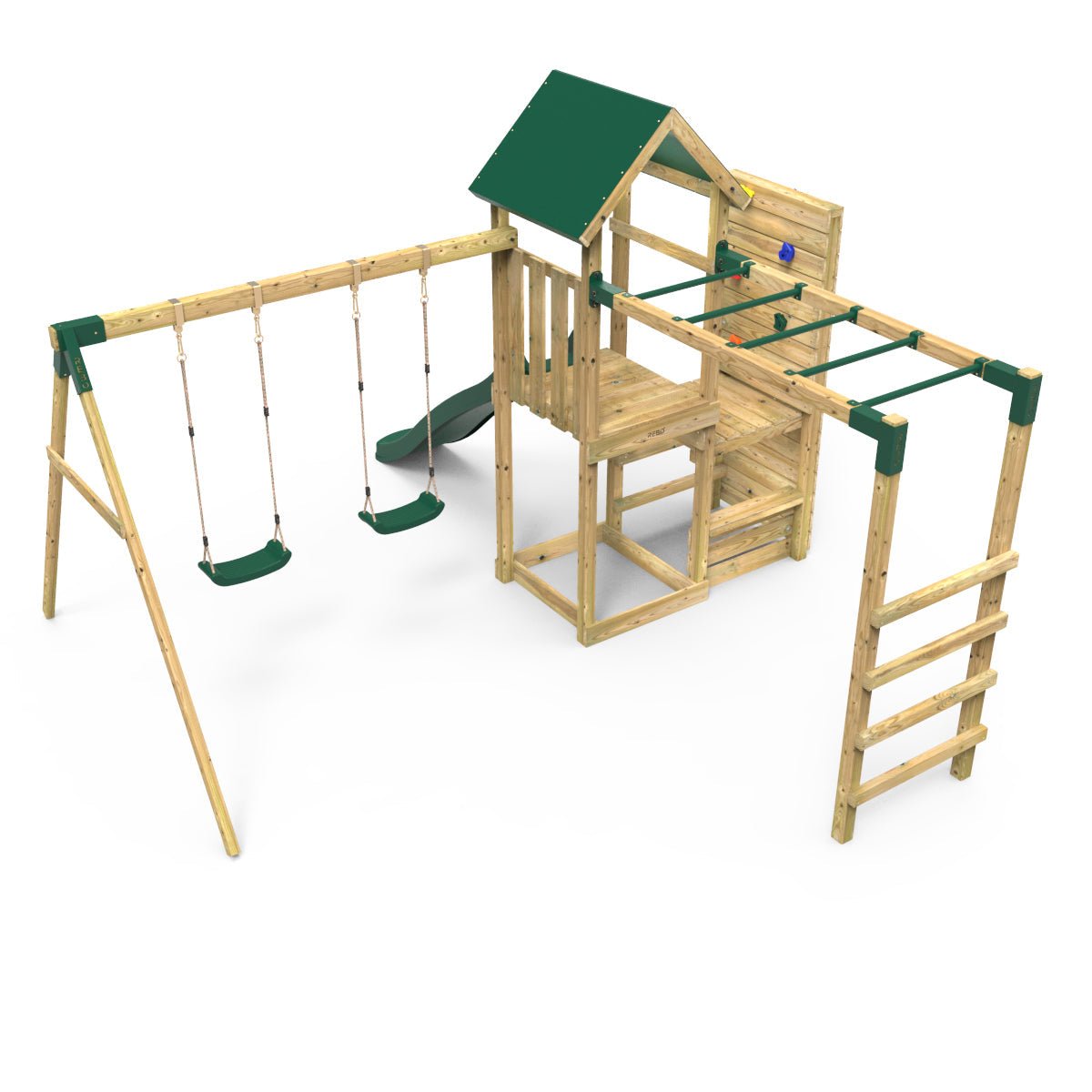 Rebo Wooden Climbing Frame with Vertical Rock Wall, Swing Set and Slide - El Capitan+