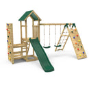 Rebo Wooden Climbing Frame with Vertical Rock Wall, Swing Set and Slide - Greenhorn+