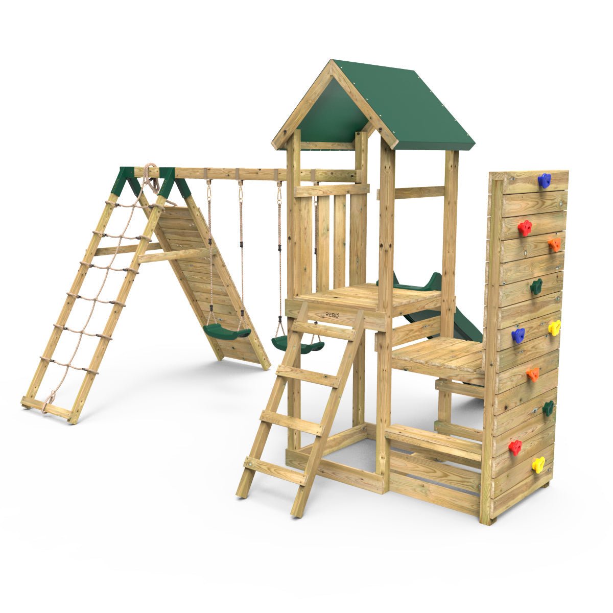 Rebo Wooden Climbing Frame with Vertical Rock Wall, Swing Set and Slide - Greenhorn+