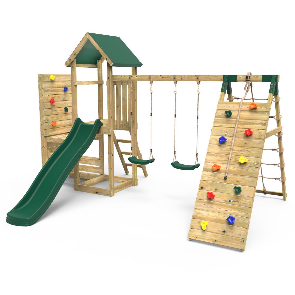Rebo Wooden Climbing Frame with Vertical Rock Wall, Swing Set and Slide - Greenhorn+