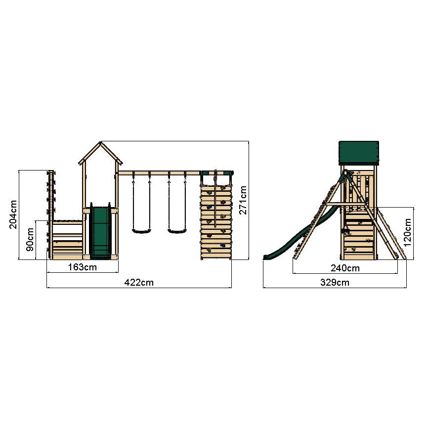 Rebo Wooden Climbing Frame with Vertical Rock Wall, Swing Set and Slide - Greenhorn+