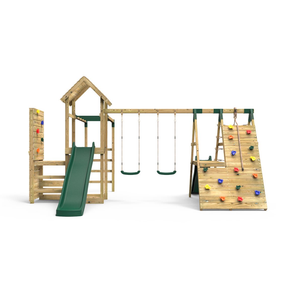 Rebo Wooden Climbing Frame with Vertical Rock Wall, Swing Set and Slide - Pennine+
