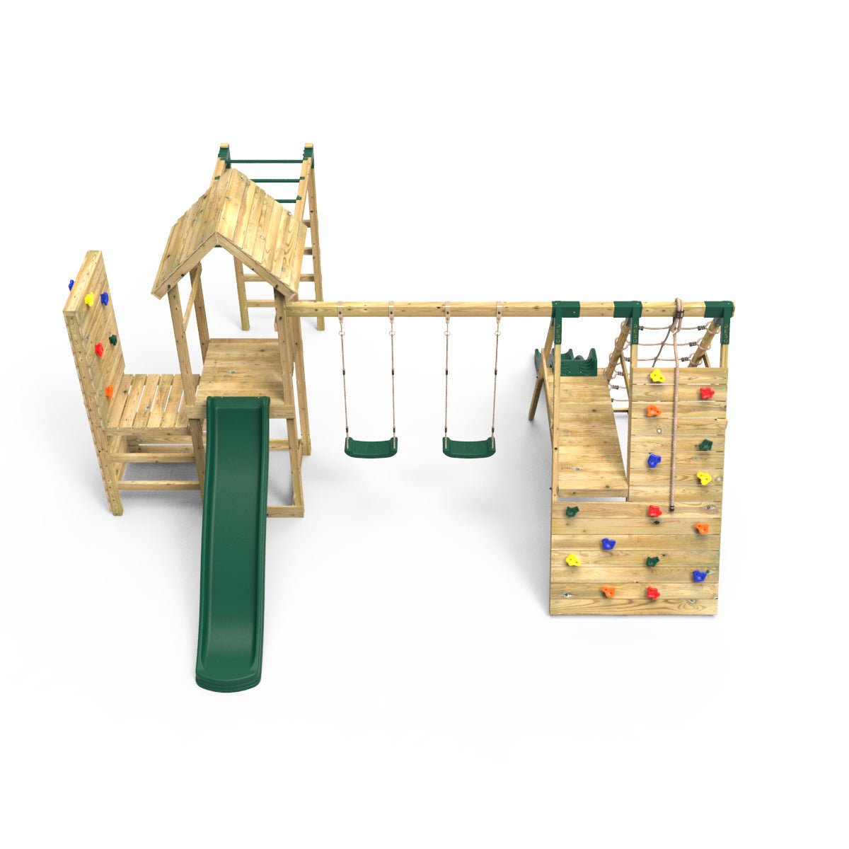 Rebo Wooden Climbing Frame with Vertical Rock Wall, Swing Set and Slide - Pennine+
