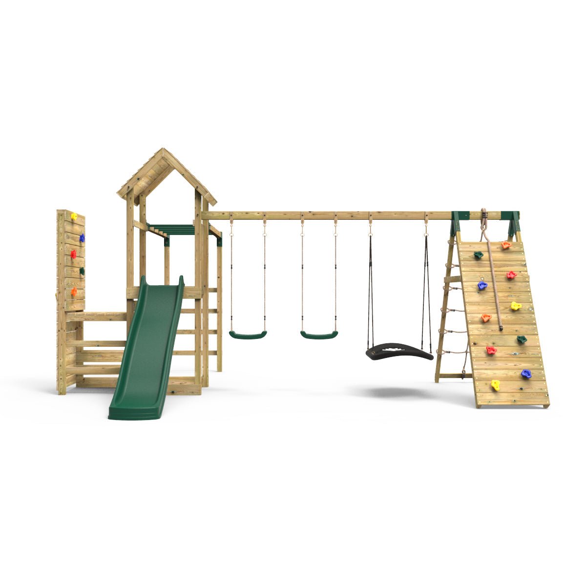 Rebo Wooden Climbing Frame with Vertical Rock Wall, Swing Set and Slide - Pyrennes+