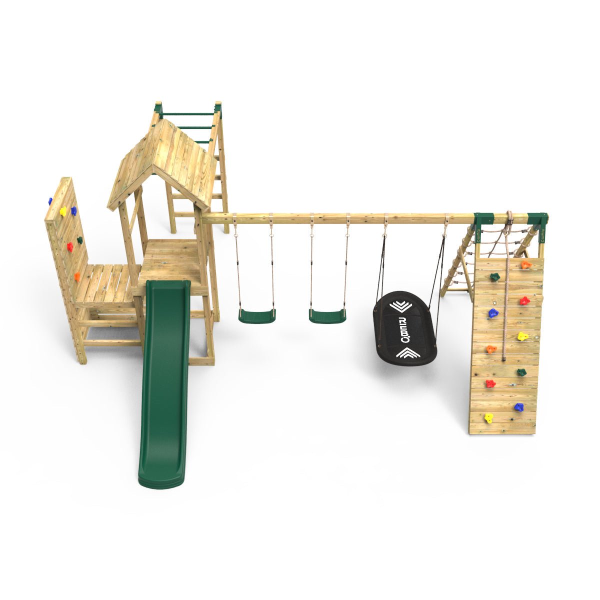 Rebo Wooden Climbing Frame with Vertical Rock Wall, Swing Set and Slide - Pyrennes+