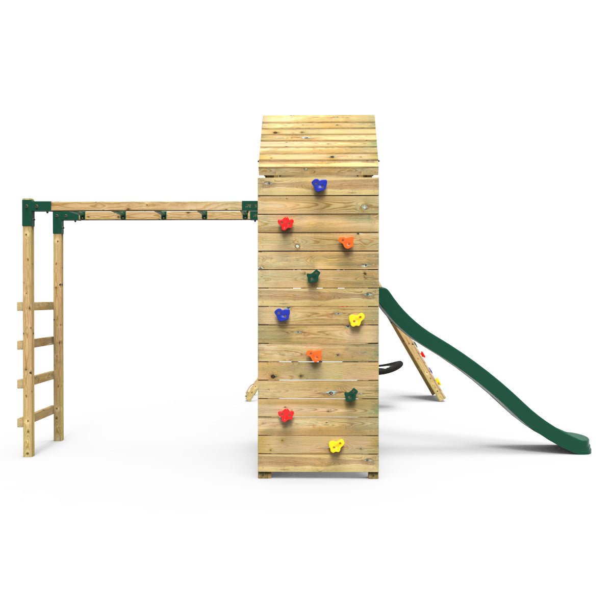 Rebo Wooden Climbing Frame with Vertical Rock Wall, Swing Set and Slide - Pyrennes+