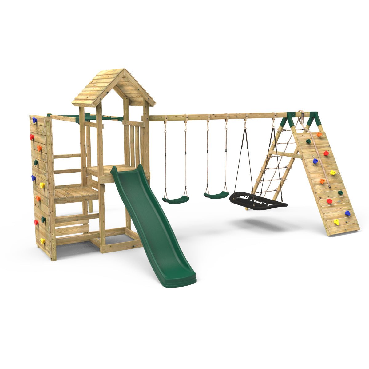 Rebo Wooden Climbing Frame with Vertical Rock Wall, Swing Set and Slide - Pyrennes+