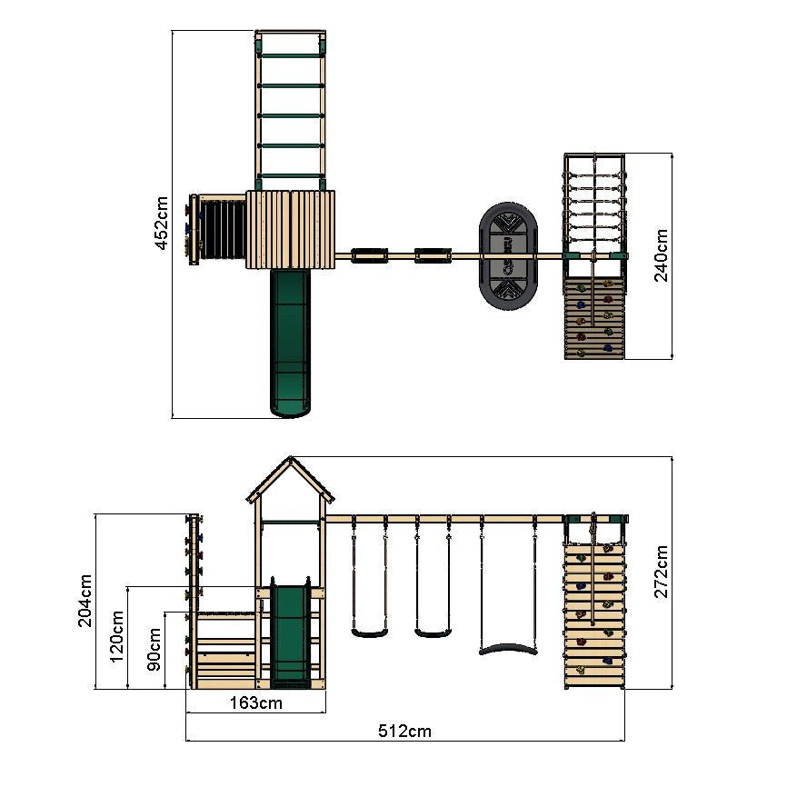 Rebo Wooden Climbing Frame with Vertical Rock Wall, Swing Set and Slide - Pyrennes+