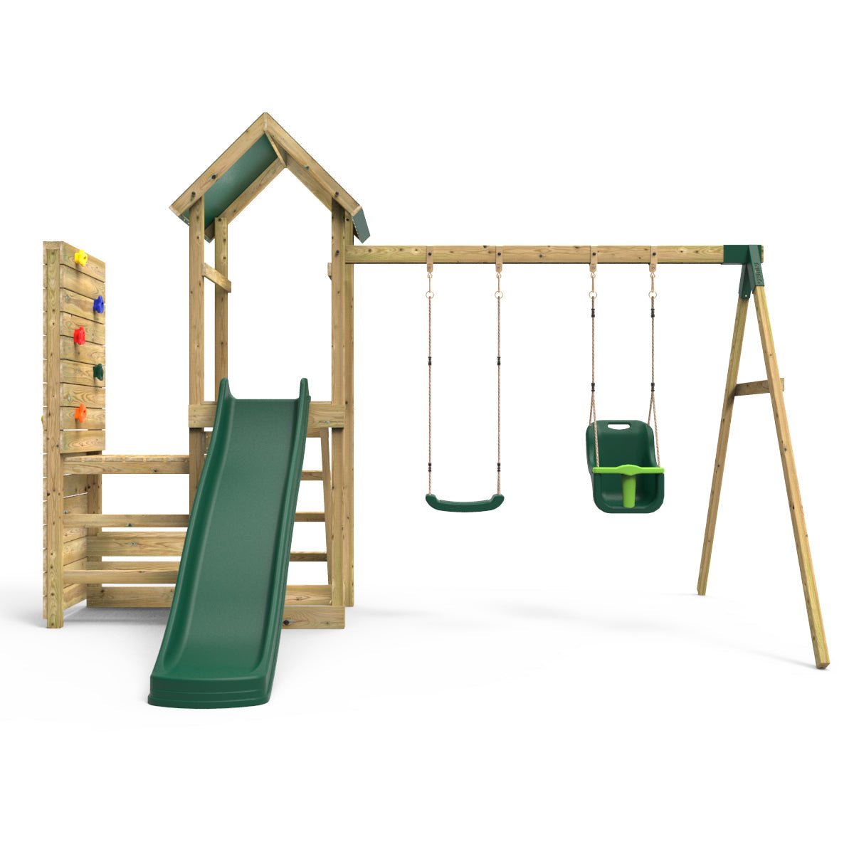 Rebo Wooden Climbing Frame with Vertical Rock Wall, Swing Set and Slide - Rainier+