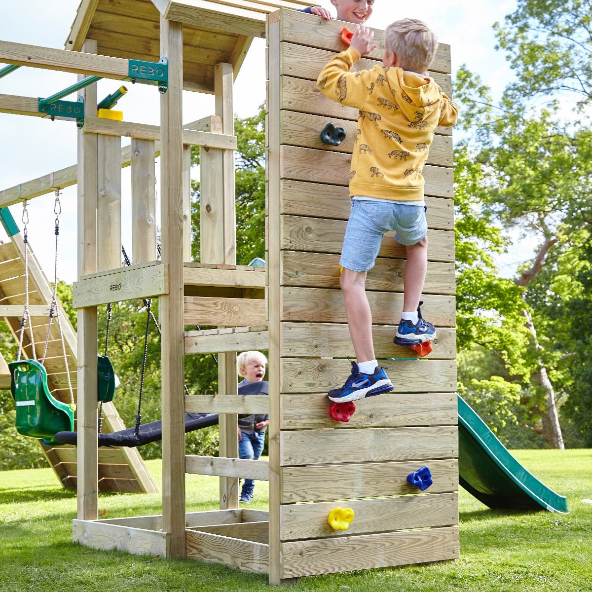 Rebo Wooden Climbing Frame with Vertical Rock Wall, Swing Set and Slide - Rainier+