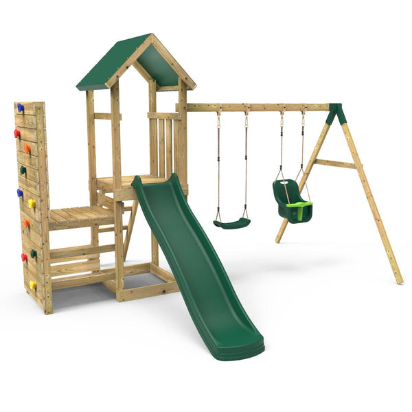 Rebo Wooden Climbing Frame with Vertical Rock Wall, Swing Set and Slide - Rainier+