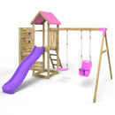 Rebo Wooden Climbing Frame with Vertical Rock Wall, Swing Set and Slide - Rainier+ Pink