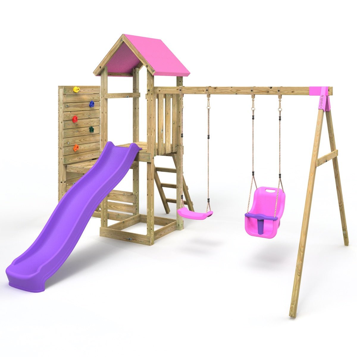 Rebo Wooden Climbing Frame with Vertical Rock Wall, Swing Set and Slide - Rainier+ Pink