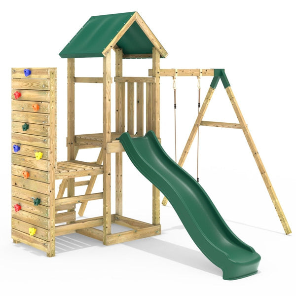 Rebo Wooden Climbing Frame with Vertical Rock Wall, Swing Set and Slide - Rushmore+