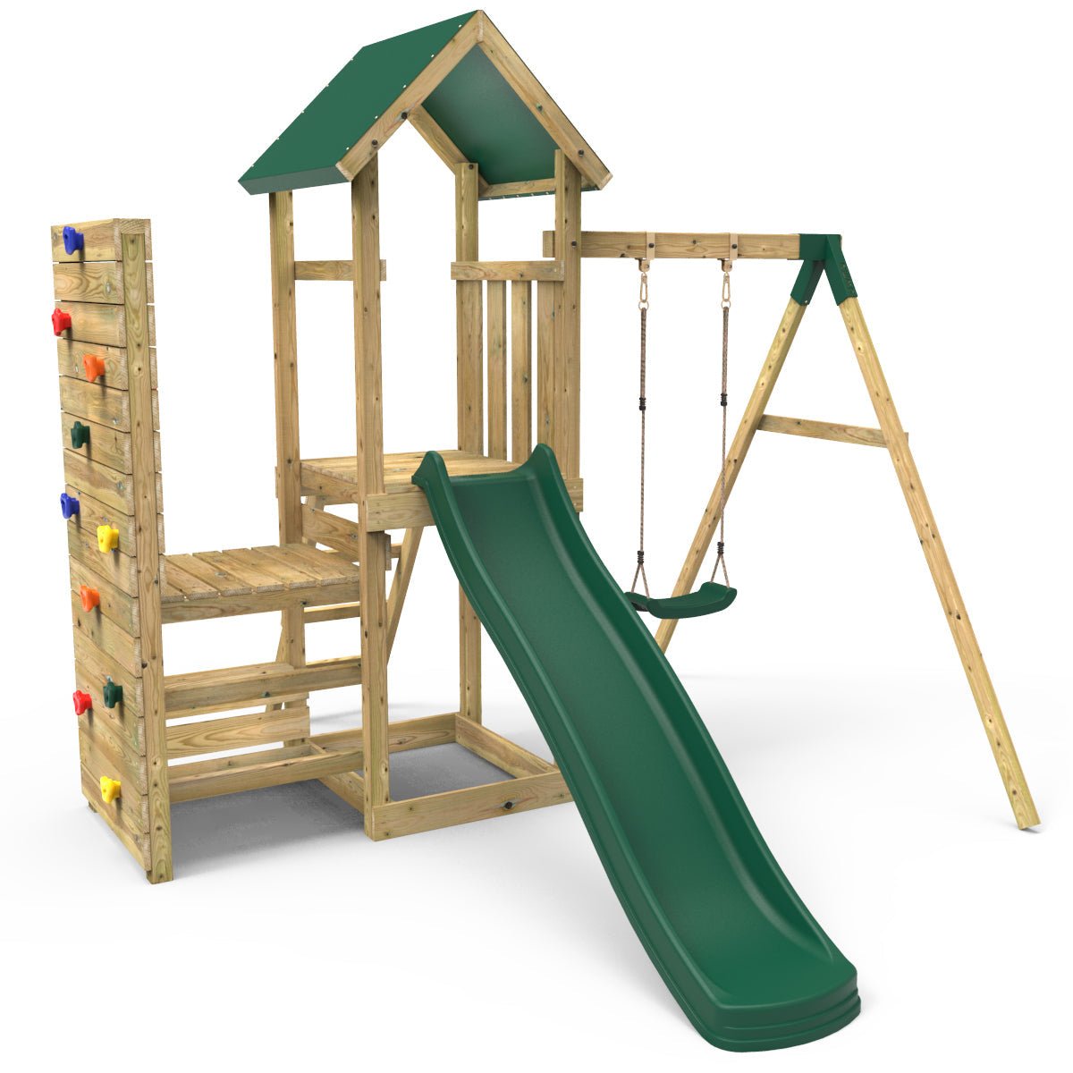 Rebo Wooden Climbing Frame with Vertical Rock Wall, Swing Set and Slide - Rushmore+
