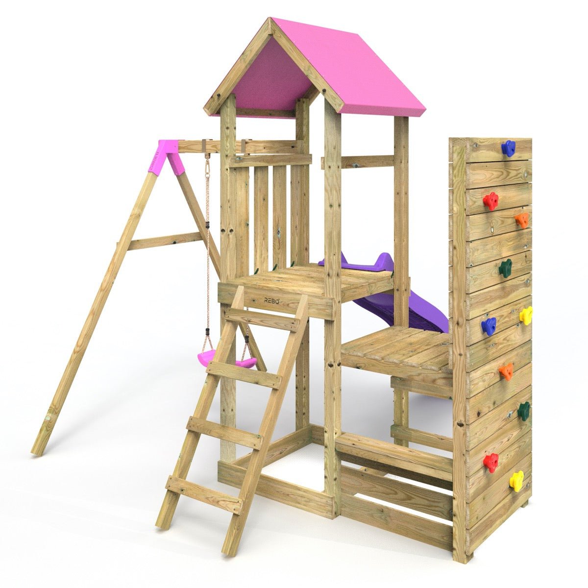 Rebo Wooden Climbing Frame with Vertical Rock Wall, Swing Set and Slide - Rushmore+ Pink