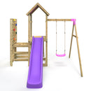 Rebo Wooden Climbing Frame with Vertical Rock Wall, Swing Set and Slide - Rushmore+ Pink