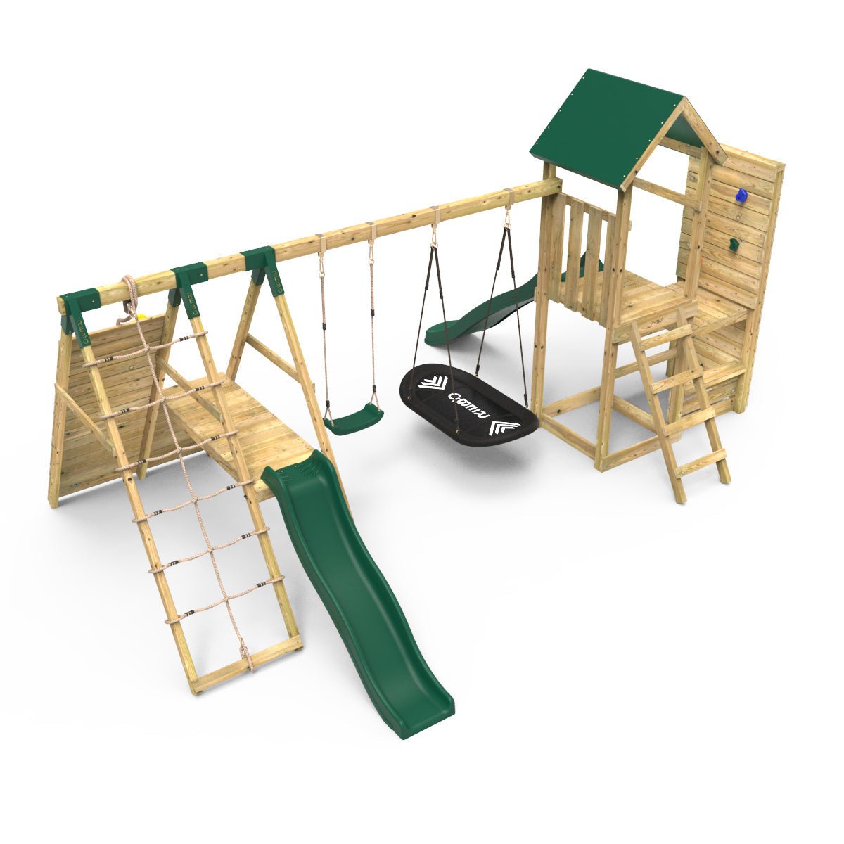 Rebo Wooden Climbing Frame with Vertical Rock Wall, Swing Set and Slide - San Luis+
