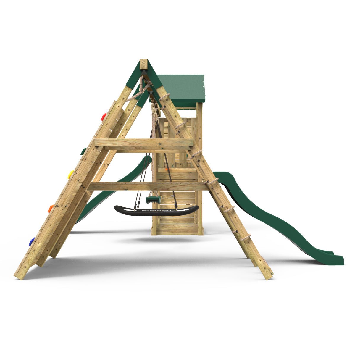 Rebo Wooden Climbing Frame with Vertical Rock Wall, Swing Set and Slide - San Luis+