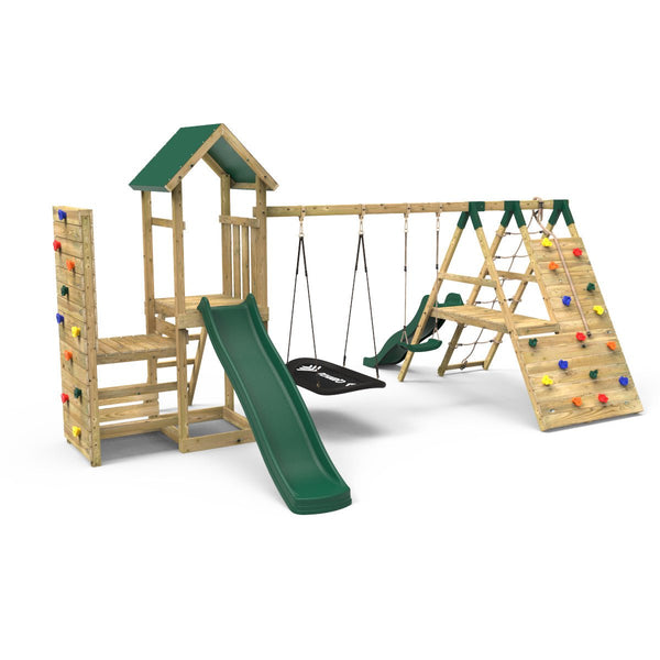 Rebo Wooden Climbing Frame with Vertical Rock Wall, Swing Set and Slide - San Luis+