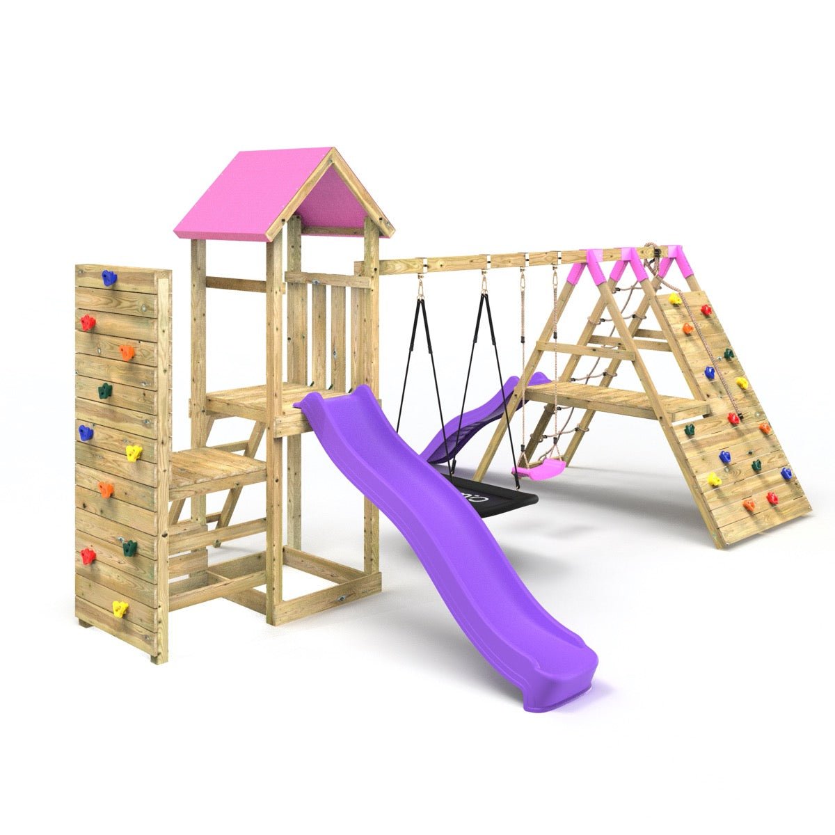 Rebo Wooden Climbing Frame with Vertical Rock Wall, Swing Set and Slide - San Luis+ Pink