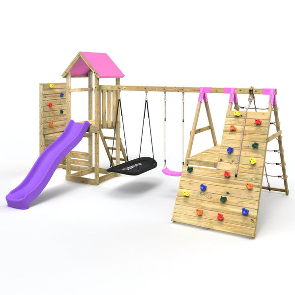 Rebo Wooden Climbing Frame with Vertical Rock Wall, Swing Set and Slide - San Luis+ Pink