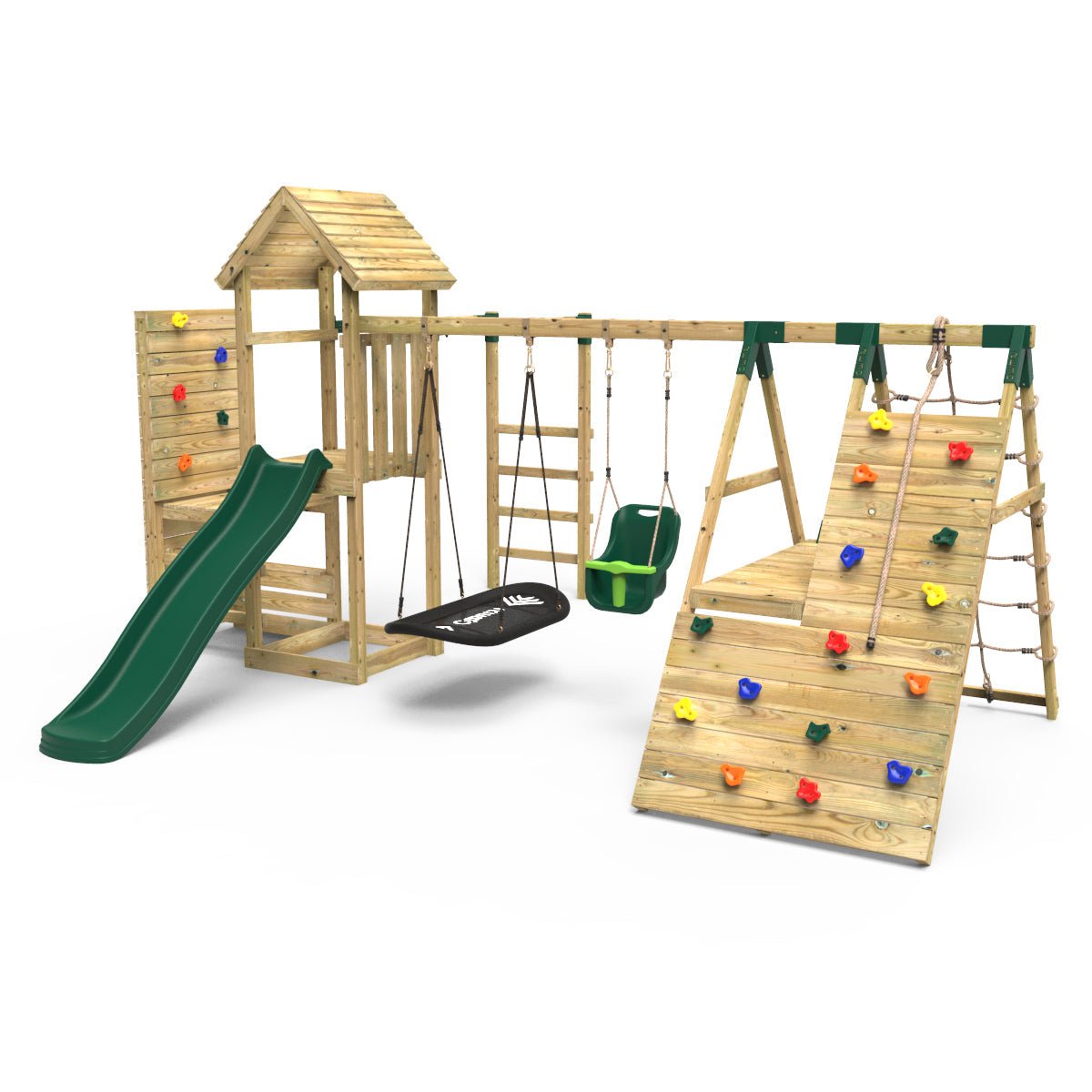 Rebo Wooden Climbing Frame with Vertical Rock Wall, Swing Set and Slides - Cairngorm+