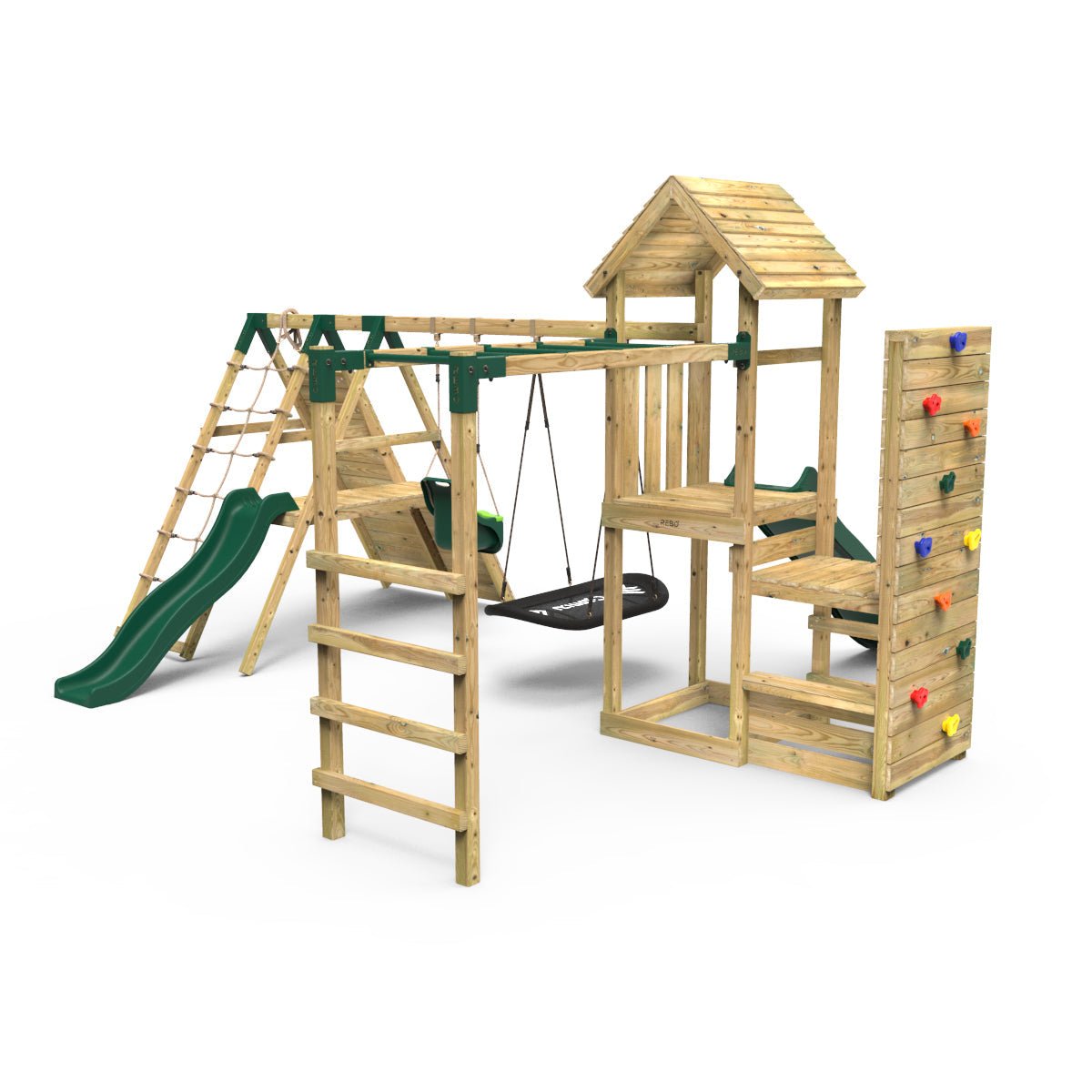 Rebo Wooden Climbing Frame with Vertical Rock Wall, Swing Set and Slides - Cairngorm+