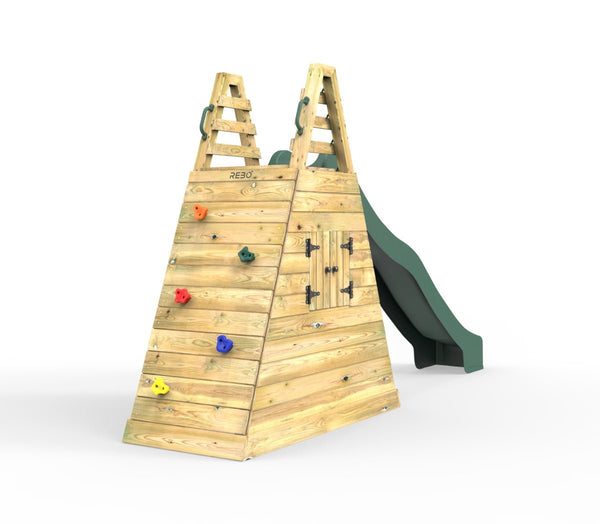 Rebo Wooden Free Standing Slide with 10ft Water Slide - with Climbing Wall & Den